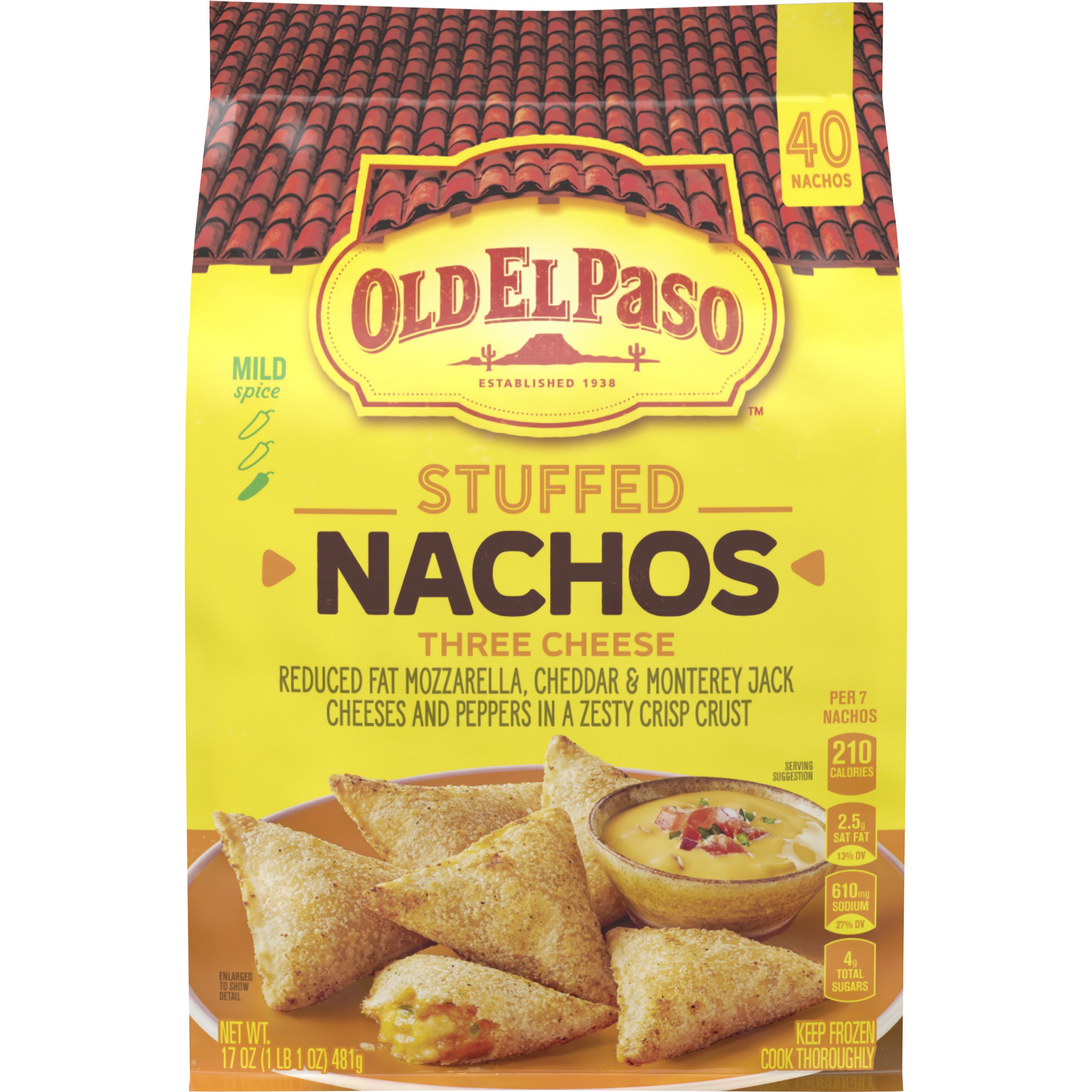 Old El Paso Stuffed Nachos, Three Cheese, Frozen Snacks, 40 Count, 17 oz
